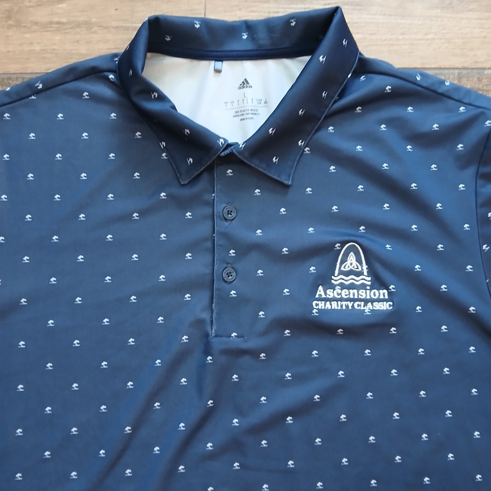 Adidas Polo Mens Large Blue Tree Print AOP Golf Ascension Charity Classic Flex